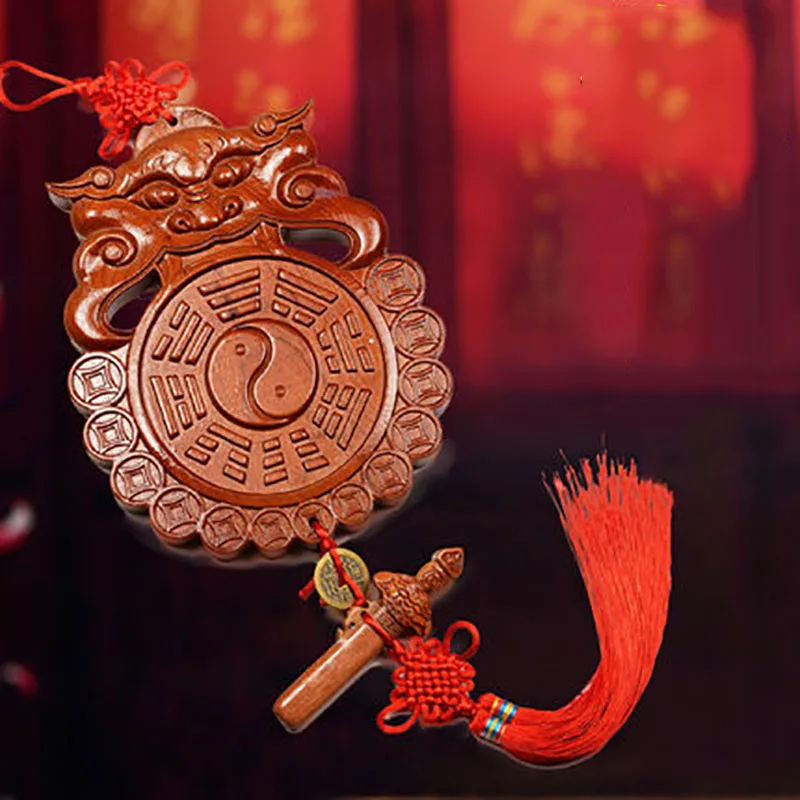 Monster Head Chinese Feng Shui Peach Wood Carving Ornament, Home Living Room Decor