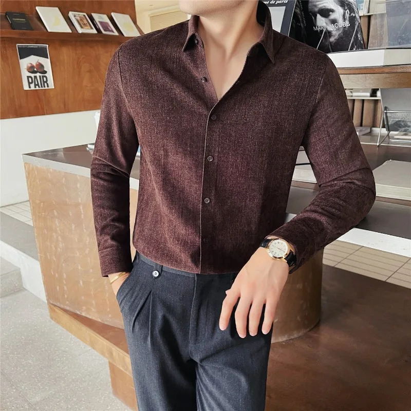 Autumn Winter Thick Woolen Long Sleeved Shirt for Men Business Casual Seamless Shirts Slim Fit Brushed Warm Social Office Shirt