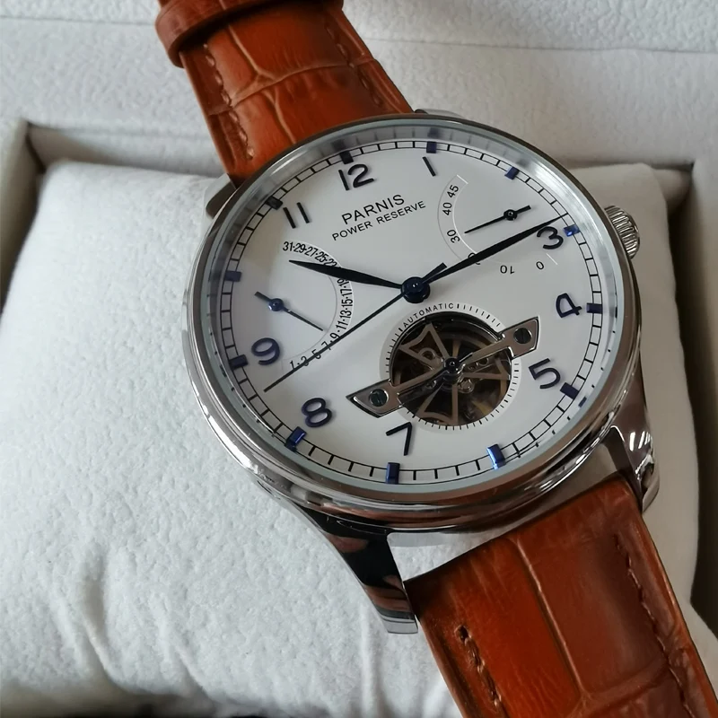 Fashion 43mm Parnis Skeleton Automatic Mechanical Men Watch Leather Strap Men Power Reserve Tourbillon Watches Relogio Masculino
