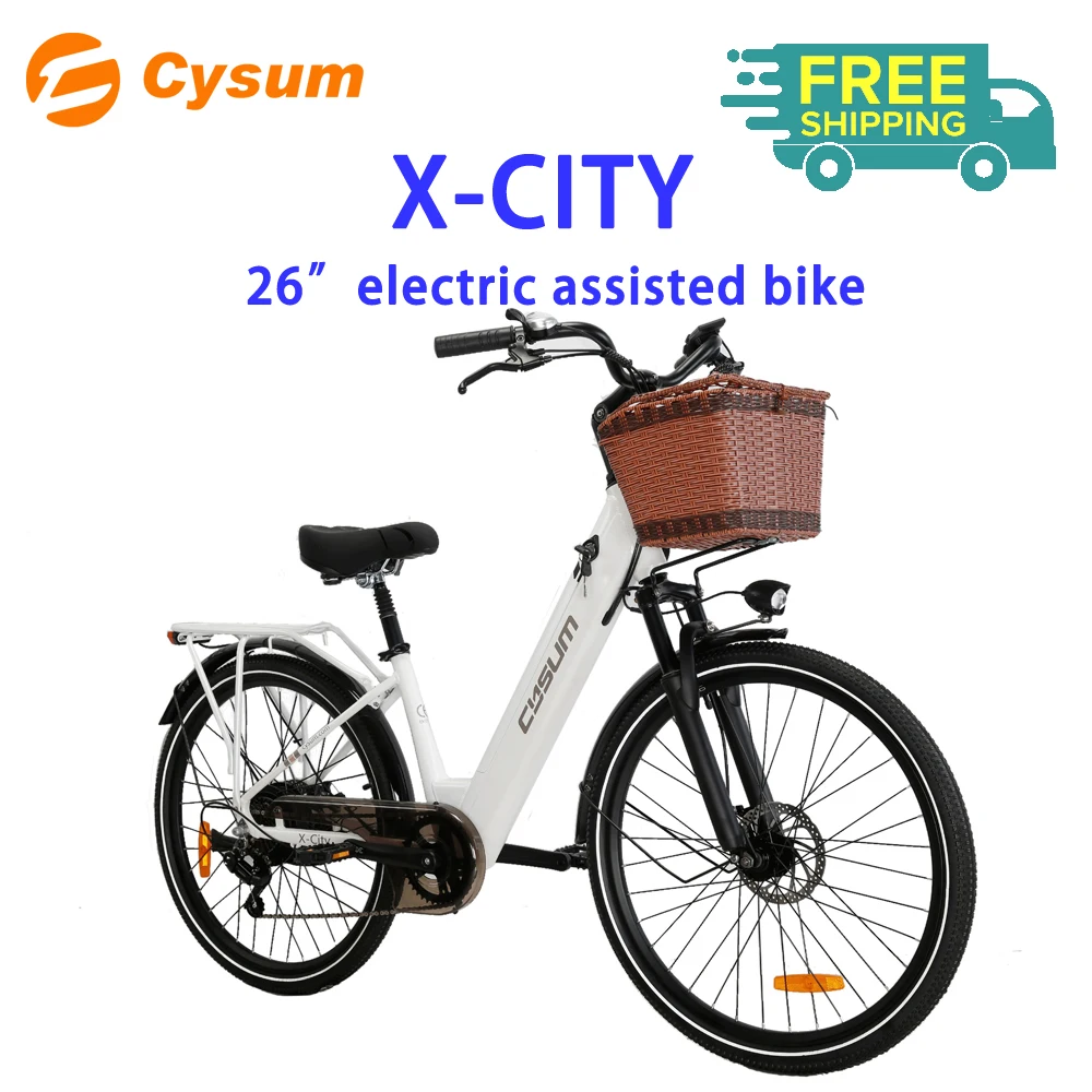 Vélo Électrique Femme Cysum X-City 26'' 250W 480Wh avec Batterie Lithium Portable, Freins à Disque et Panier Avant, Vélo à Assistance Pédalage Assisté