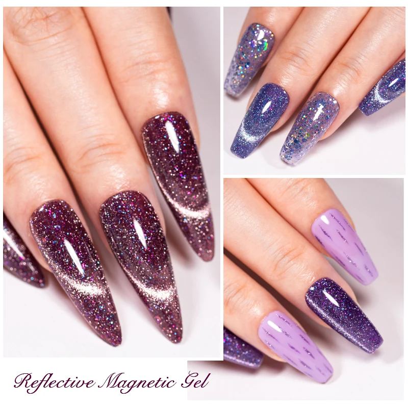 ยาทาเล็บเจลแม่เหล็กสีไวน์แดงแบบสะท้อนแสง กลิตเตอร์วิบวับ กึ่งถาวร ล้างออกได้ด้วยน้ำยาล้างเล็บ ยูวีเจล วานิช อุปกรณ์ทำเล็บ