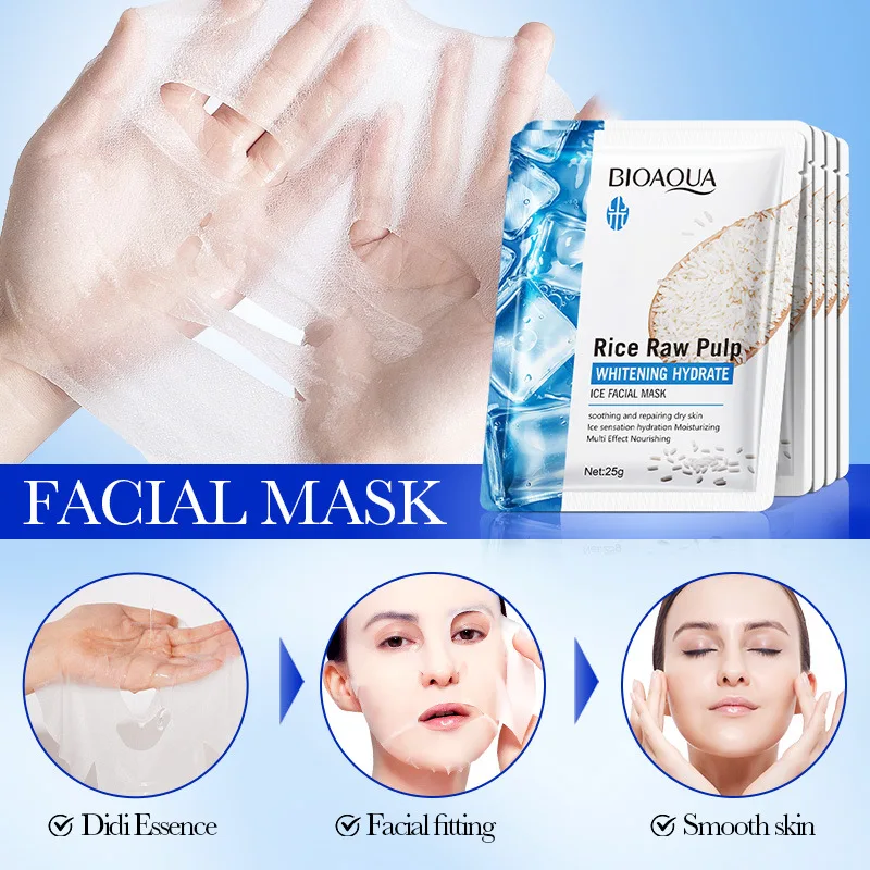 5pcs BIOAQUA Rice Raw Pulp Face Mask Hydrating Brightening Nourishing Moisturizing Ice Facial Masks Skin Care view 4
