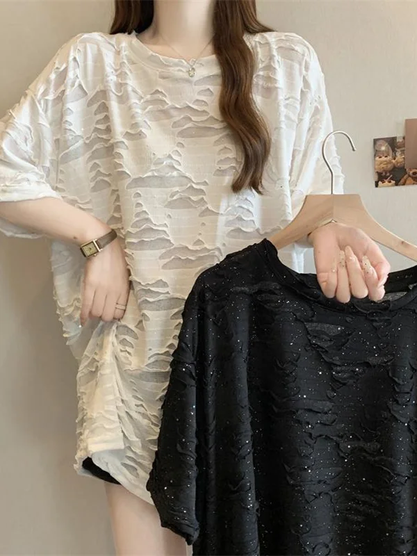 Korean Style Hollow out Sequin Short Sleeve T-Shirt Women's plus Size 300 Pounds round Neck Mid-Length Butt Covering Top