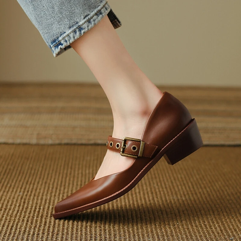 NEW Spring/Autumn Women Pumps Split Leather Shoes for Women Pointed Toe Chunky Shoes Mid-Heel Mary Janes Retro Belt Buckle Shoes