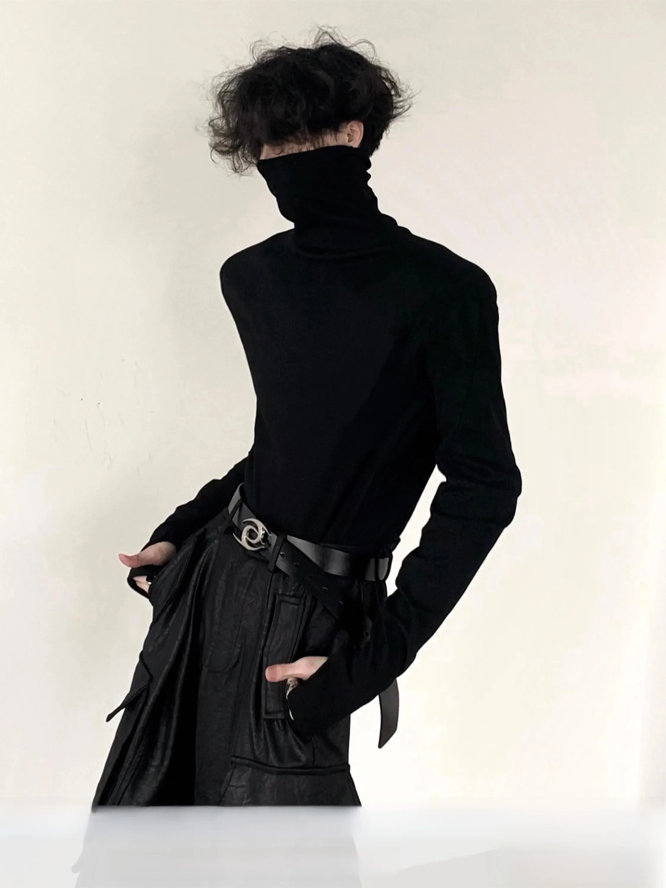 Autumn Mountain Style Men's Long Sleeve High Collar Base Shirt Slim Fit Shape Black White Inner Wear T-Shirt  Brand