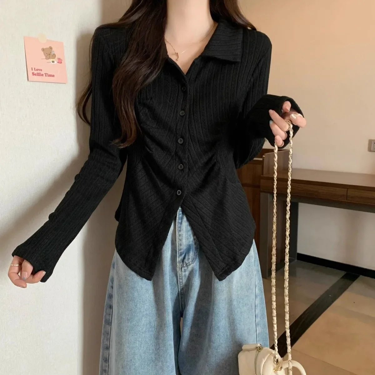 

Весенняя повседневная корейская мода, свободные пуговицы, однобортный, сплошной цвет, с длинным рукавом, хорошо продуманный, женский, достойный, интеллектуальный