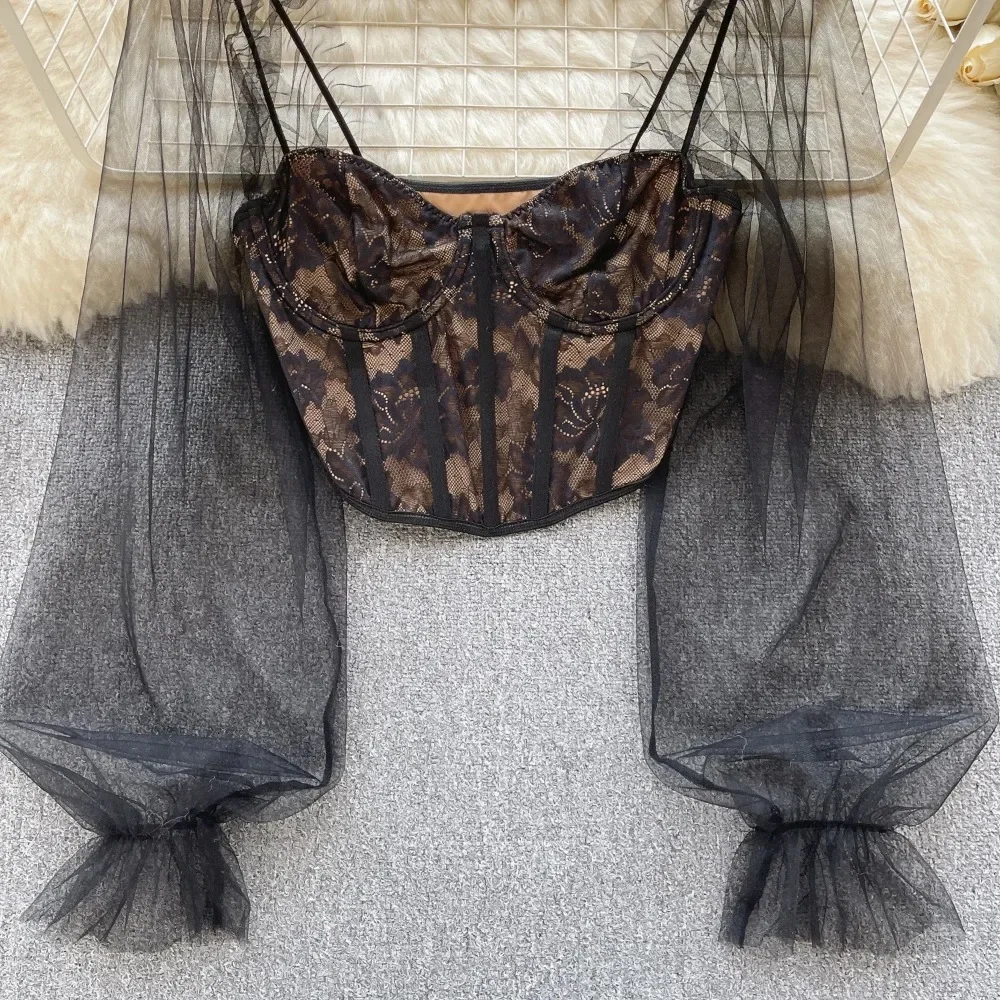 Retro Lace Puff Long Sleeve Blouse Slim Sexy Patchwork Shirt Women Gothic Streetwear Pleated Fashion Crop Top