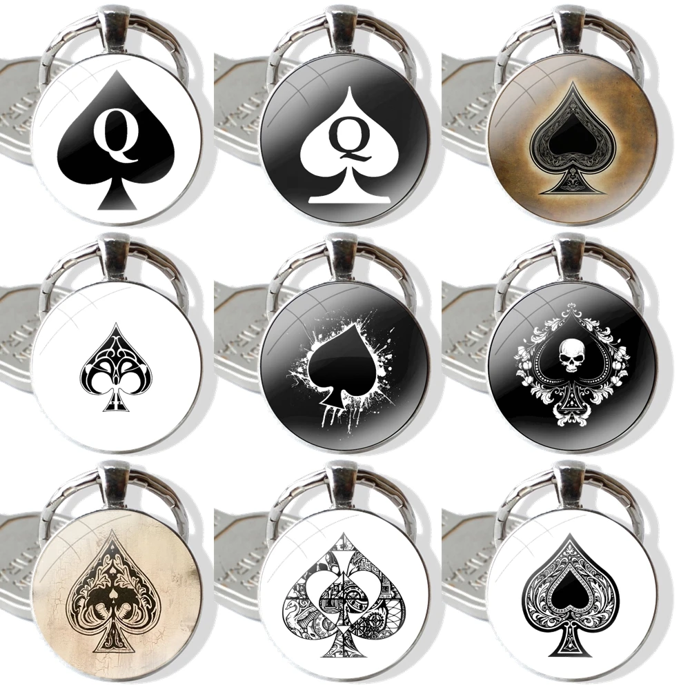 Brand High Quality Poker Spades Q Queen Keychain Handmade Glass Cabochon Key Ring Holder Pendant Key Chains