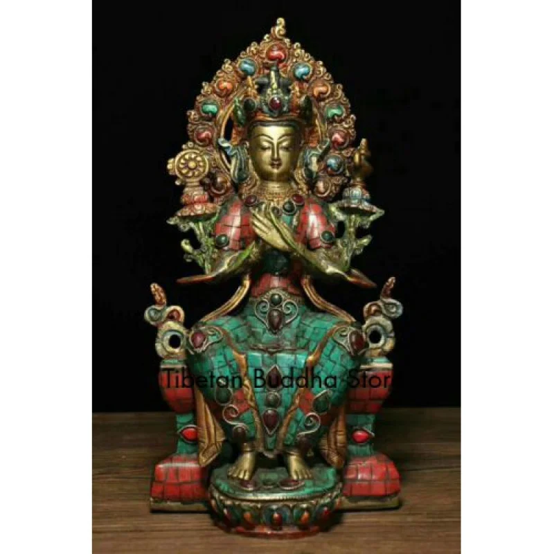 

10" Old Tibet turquoise Bronze Gild Buddhism Maitreya Buddha Goddess Statue