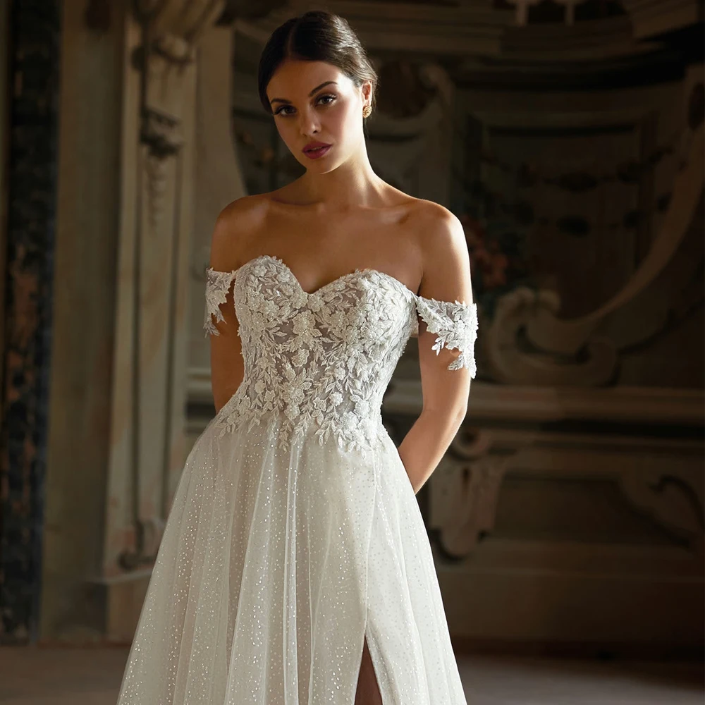 Vestidos de novia personalizados con mangas y hombros descubiertos, Vestido de novia sin tirantes con apliques de encaje y cremallera con abertura lateral