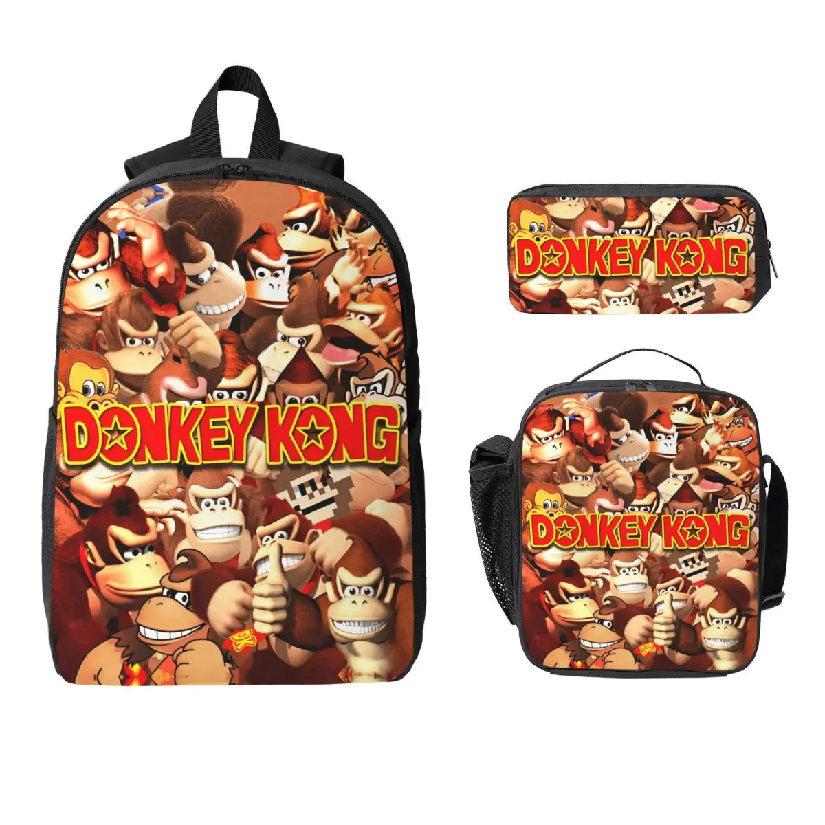 

3Pcs Donkey Kong Bananza Game Prints Backpack Set for Kids Pencil Boxes Bookbag Sets with Lunch Box For School Students Knapsack
