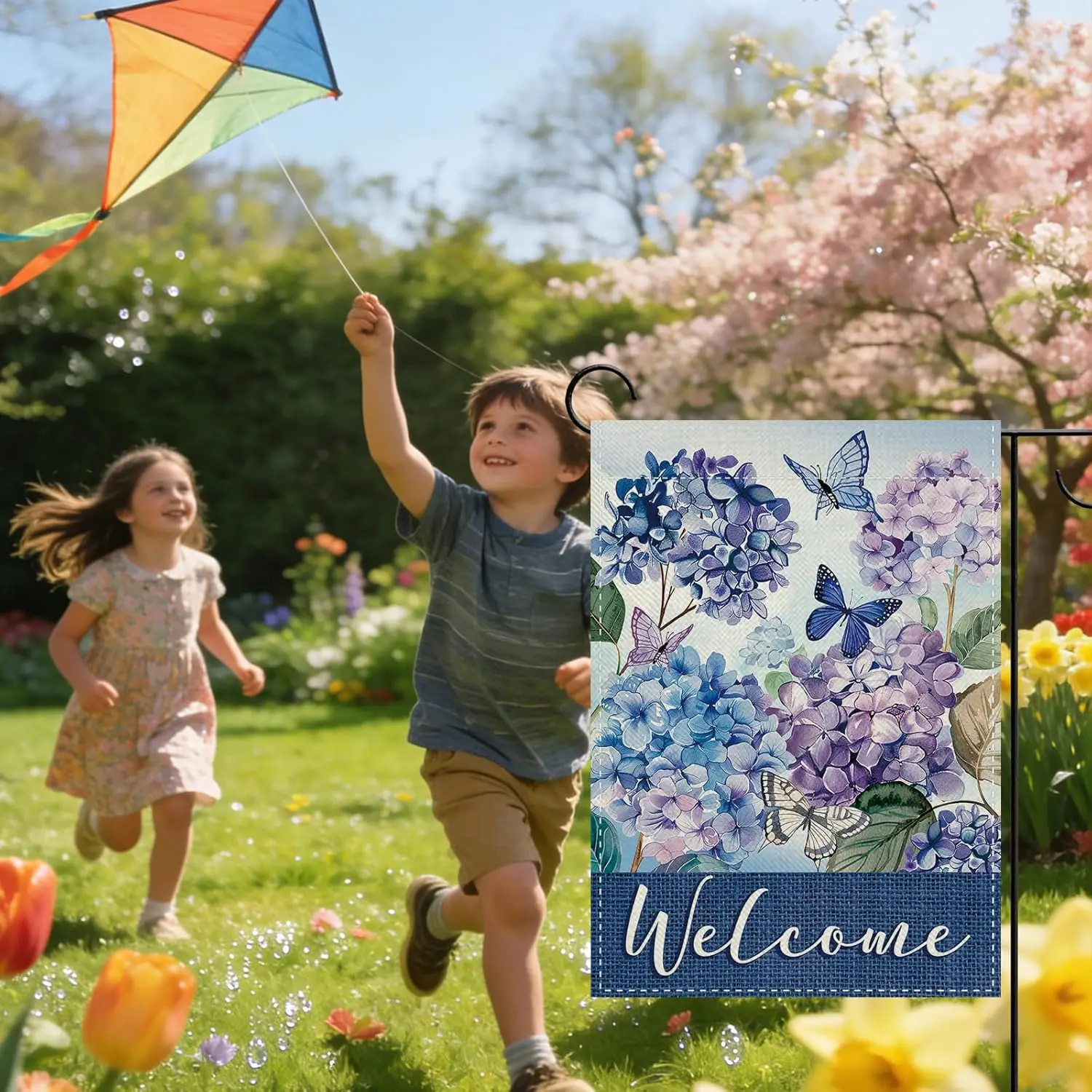 Welcome Spring Summer Hydrangea Flower Decorative Garden Flag, Blue Purple Floral Butterfly Botanical Small Yard Outside Dec PPM