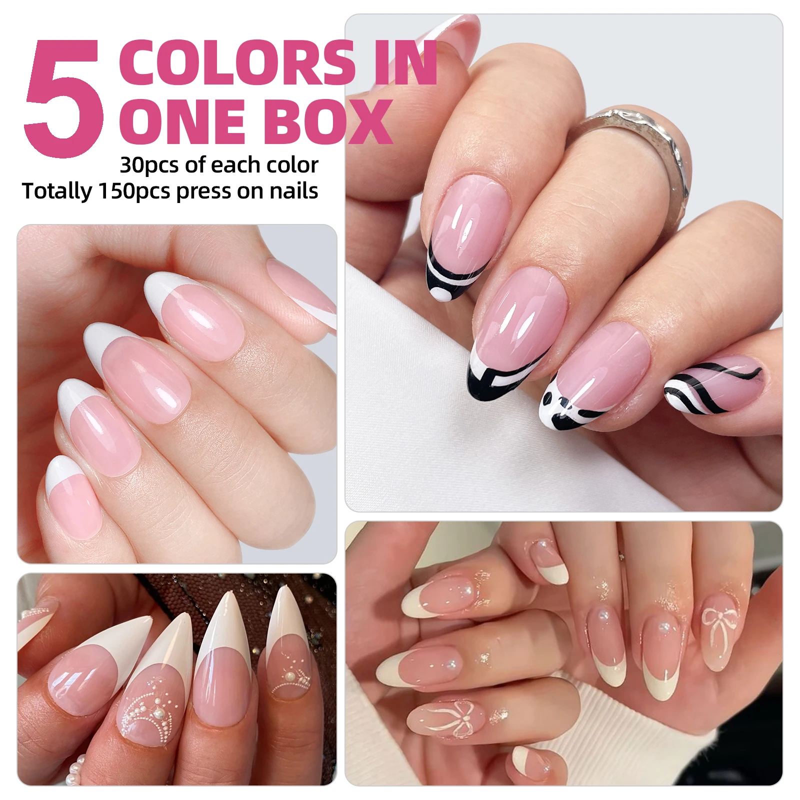 150Pcs Almond Press On Nails 3 in 1 Soft Gel Tips 5Colors Full Cover Fake False Extension Capsule Sculpted Tip Salon DIY