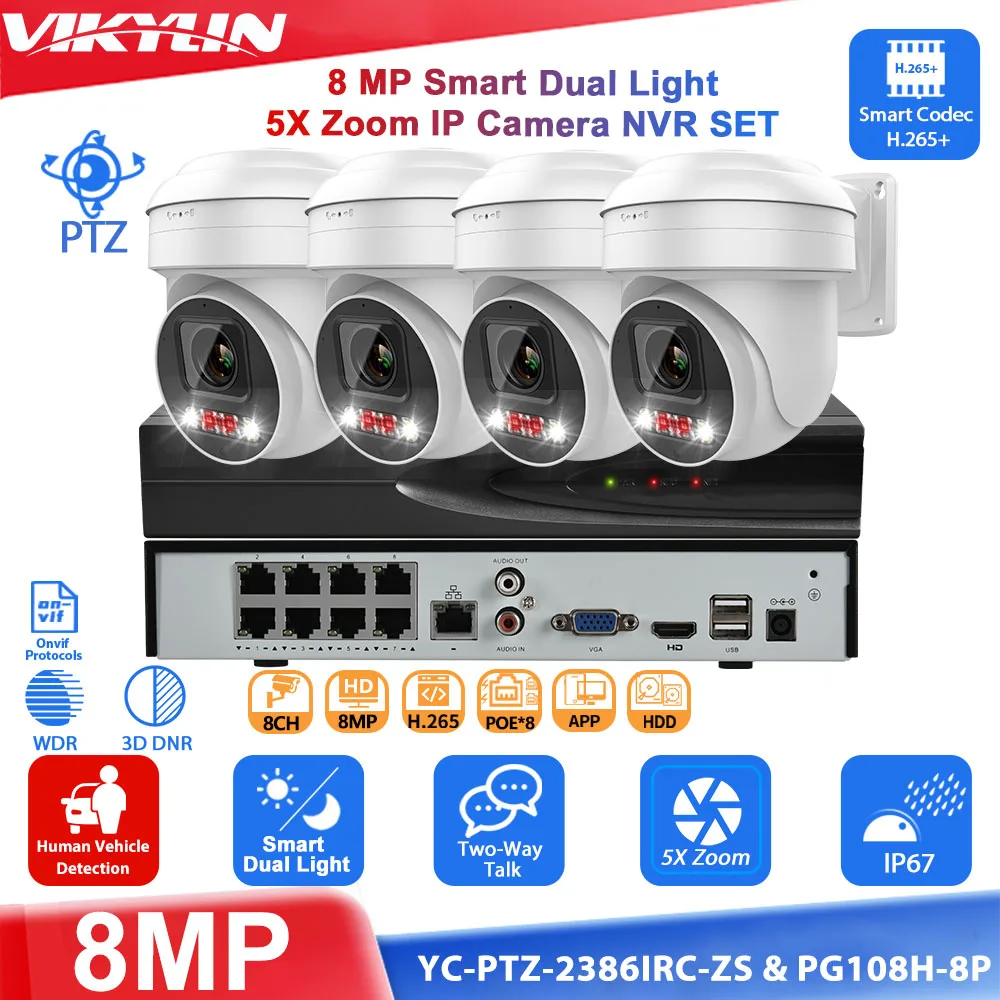 Vikylin 8MP 5X Zoom PTZ IP Camera 4K 8poe NVR Outdoor Security Surveillance System Network Video Recorder Home CCTV H.265+ APP