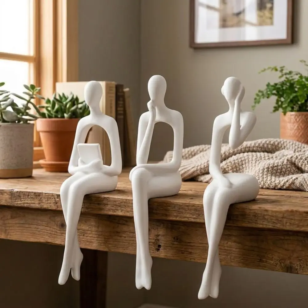 3Pcs Minimalist Abstract Sitting Human Sculpture Set Long Leg 3D Printed Thinking Figurine Edge Sitter Decor Handmade Plastic