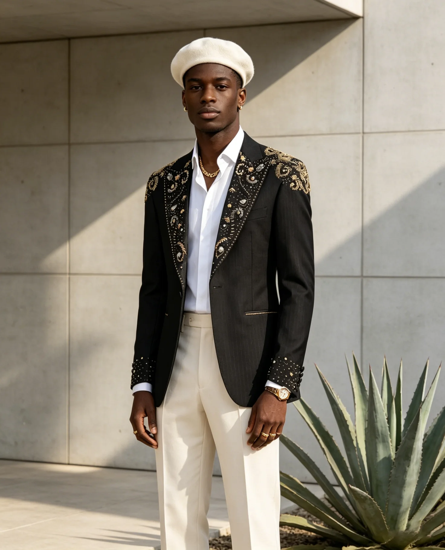 Elegant Black & Cream Men's 2-Piece Blazer Set Gold Embroidery Shoulder Formal Suit for Cocktail Party Event Garment Customized