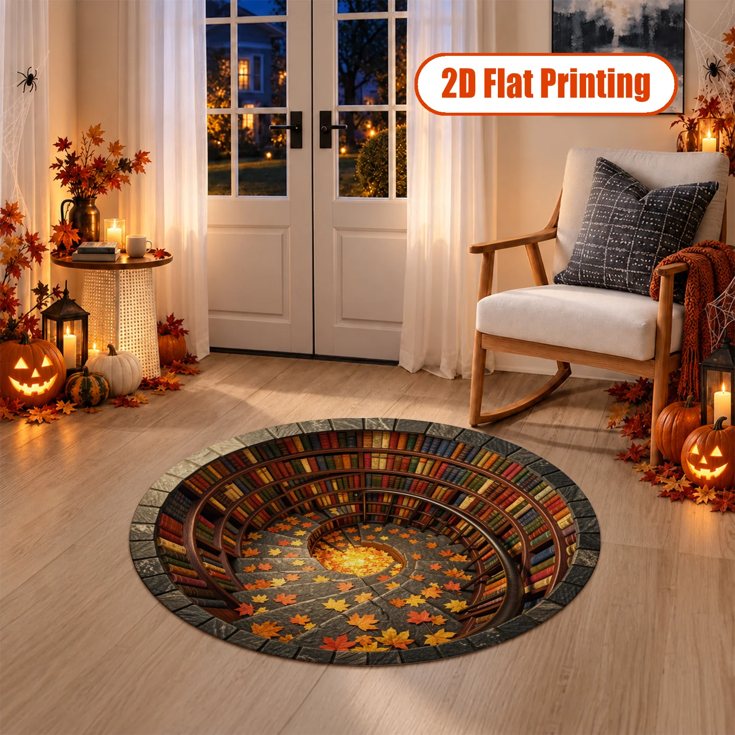 Spiral Staircase Vintage Bookshelf Autumn Maple Leaf Pattern Round Velvet Area Rug, Machine Washable, Stable Base, Decorative for Living Room, Study, Foyer, Halloween, Thanksgiving, Christmas, New Year Holiday Decor
