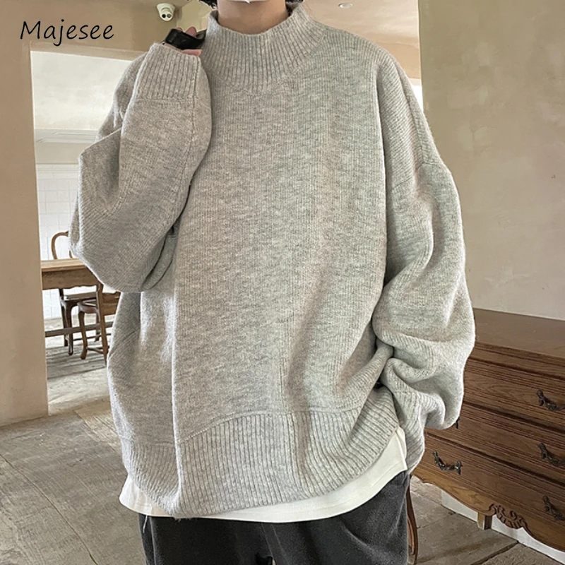 

Mock Neck Sweaters Men Pure Color European Style Retro Simple All-match Daily Minimalist Tender Temperament Loose Winter Hipster