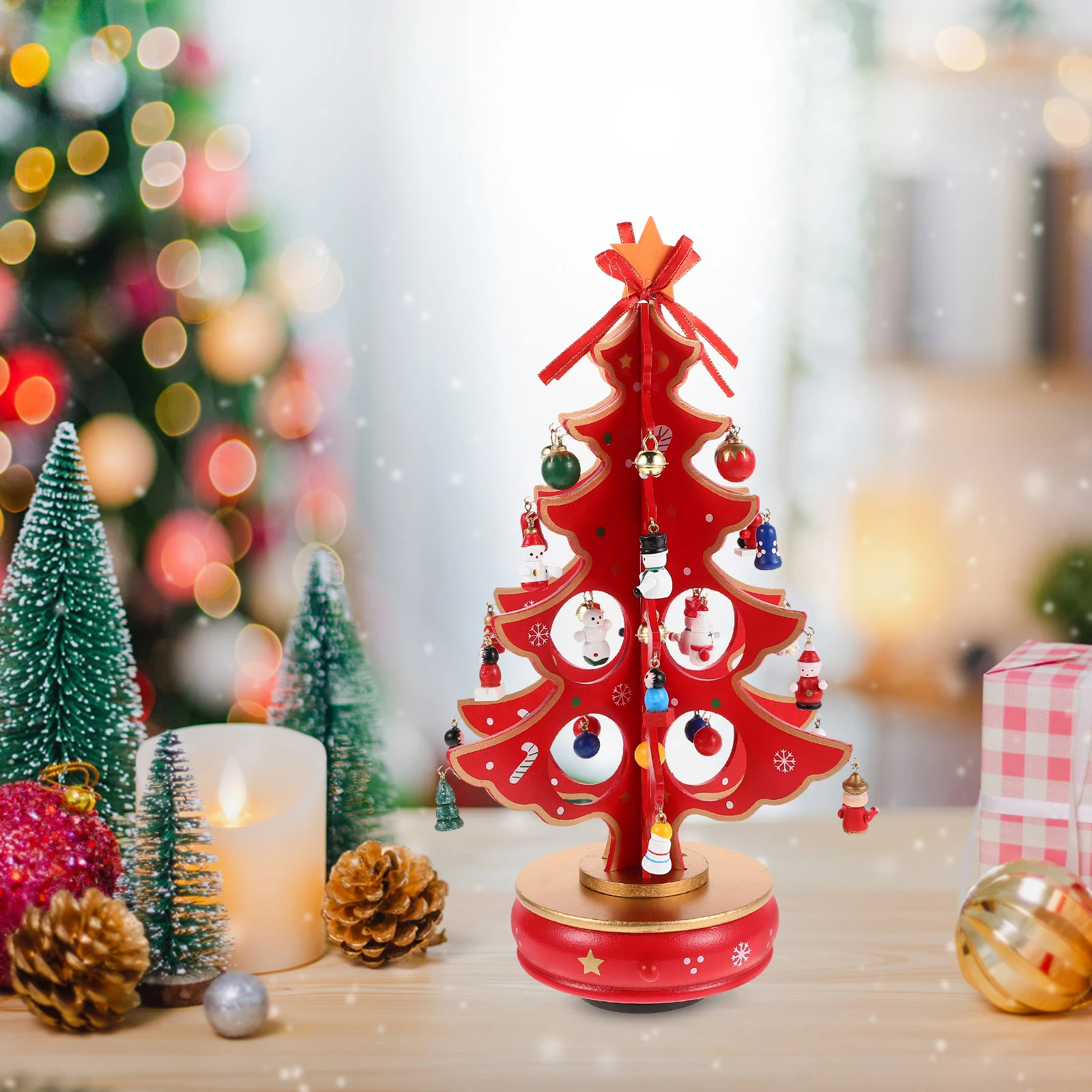 

Christmas Tree Music Box Xmas Decorations Red Engraved Boxes Wooden Musical Small
