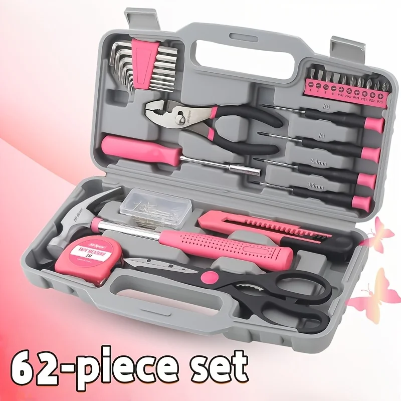 62 Piece Multifunctional Portable Home Repair Tool Kit with Hammer Pliers Wrench Screws Ideal DIY Gift for Men Women Fathers Day