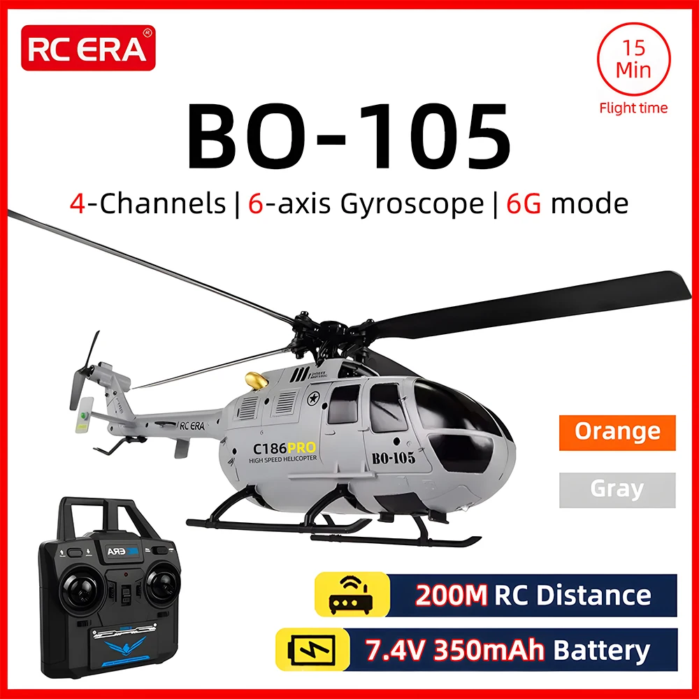 RC ERA BO-105 Helicopter 1:48 Scale 4CH 15min Flight 6-axis Gyro C186 Aircraft Optical Flow Positioning Remote Control Aircraft