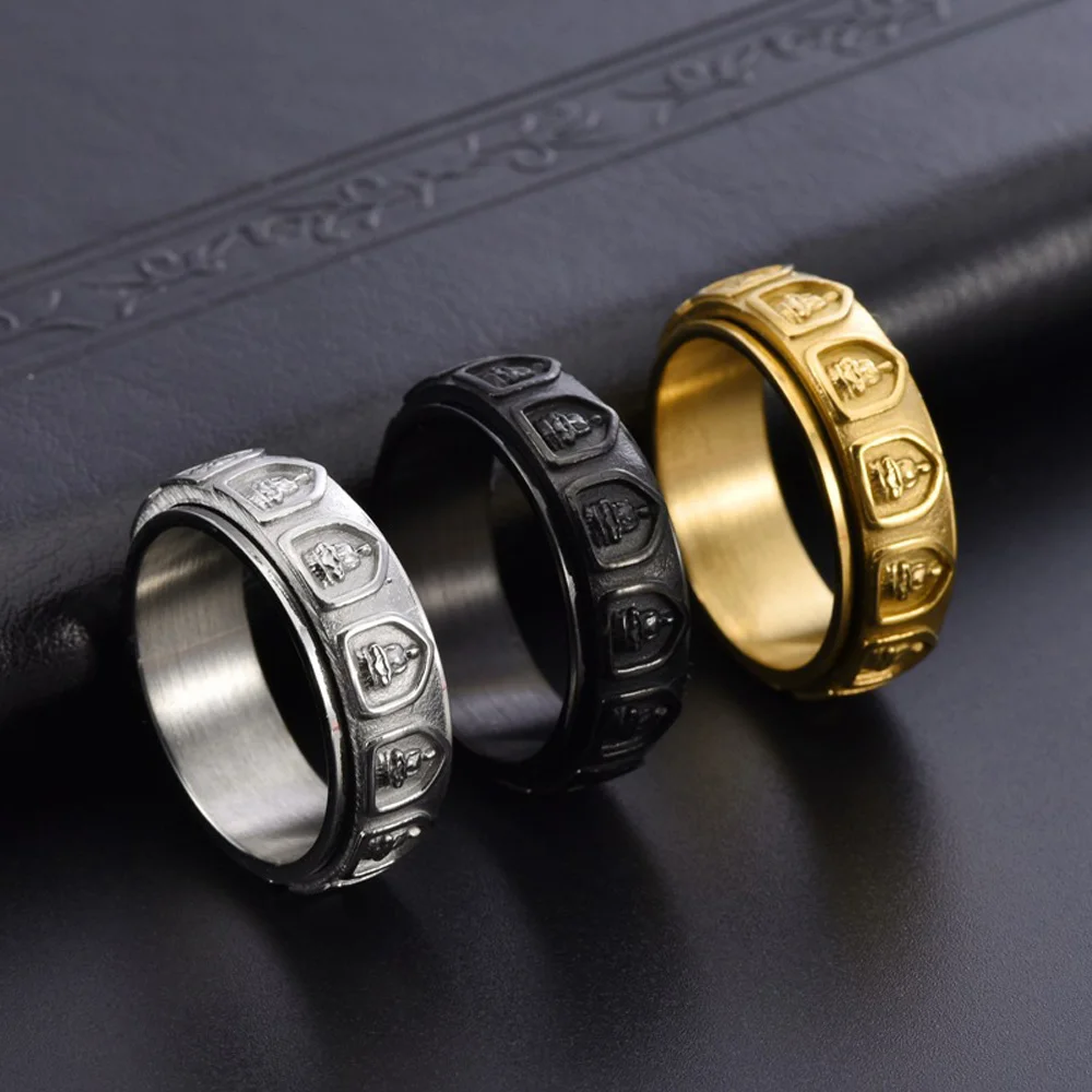 Spinnerring aus 18 Karat vergoldetem Titanstahl für Herren, buddhistischer Arhat, gravierter rotierender Schmuck, Meditationsgeschenk für Männer – Detail 5