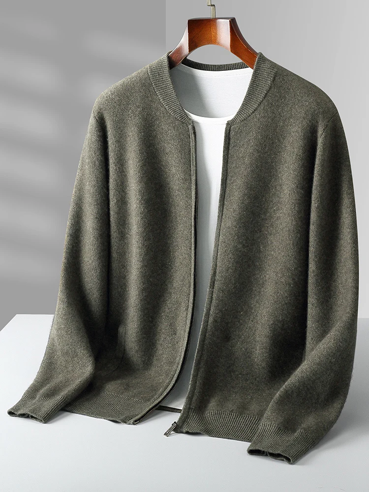 Men's 100% Merino Wool Sweater Thick Warm Zip Cardigan Jacket Autumn Winter New Mock Neck Cashmere Coat Knitted Long Sleeve Tops