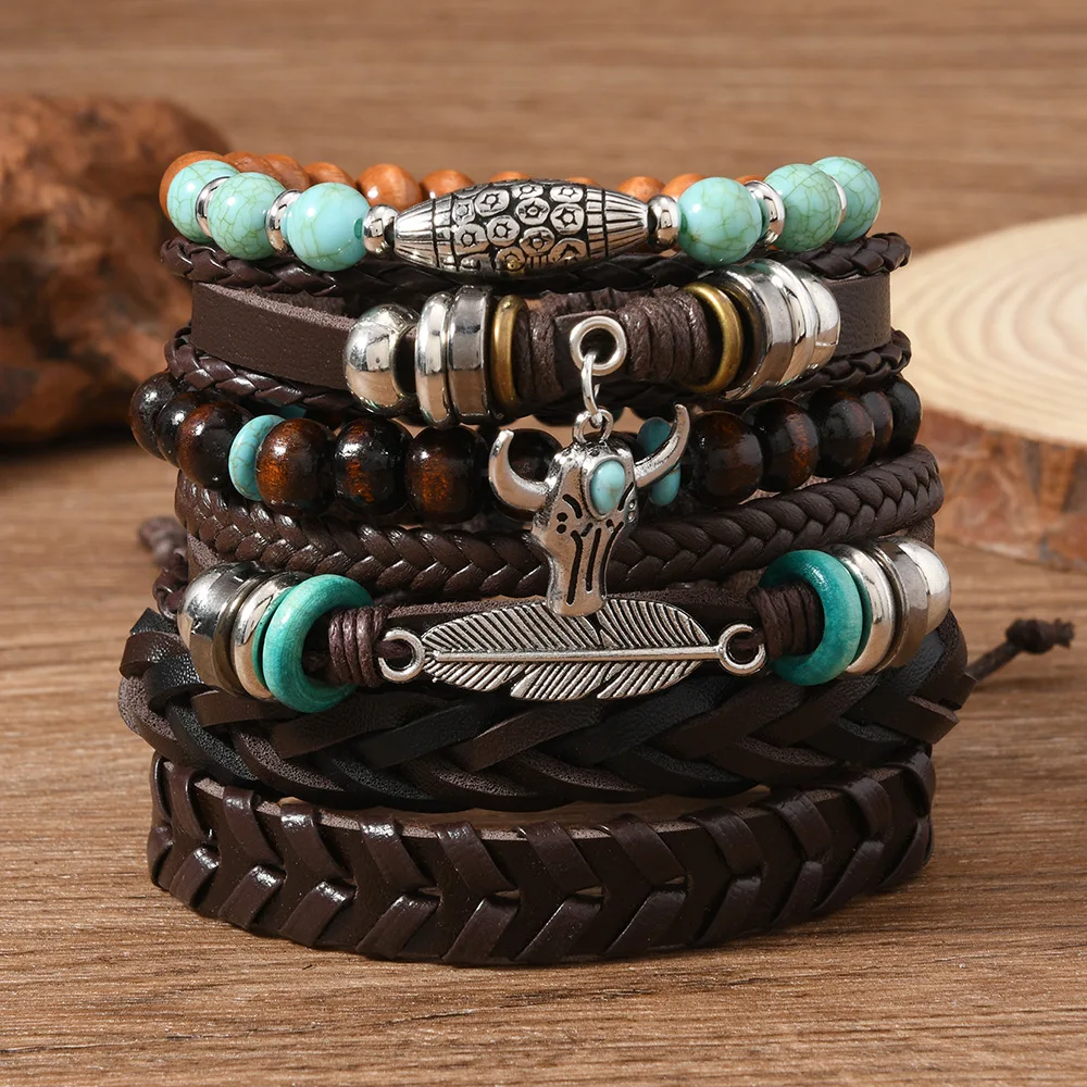Ethnic Tribal Vintage Leather Bracelets For Men Fashion Multi Layer Retro Cow Head Leaves Scripture Leather Bracelets Gift