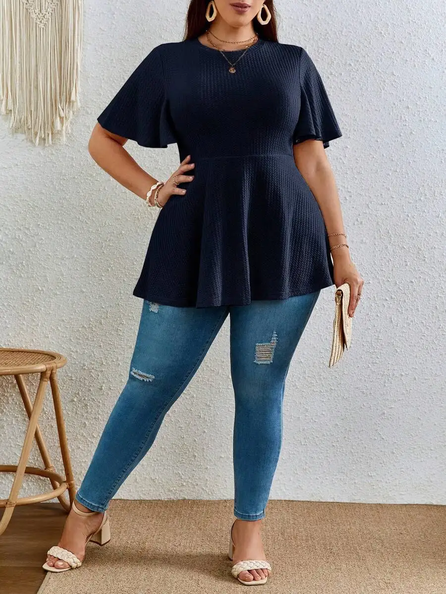 

Waffle Knit Butterfly Sleeve Peplum Top For Women