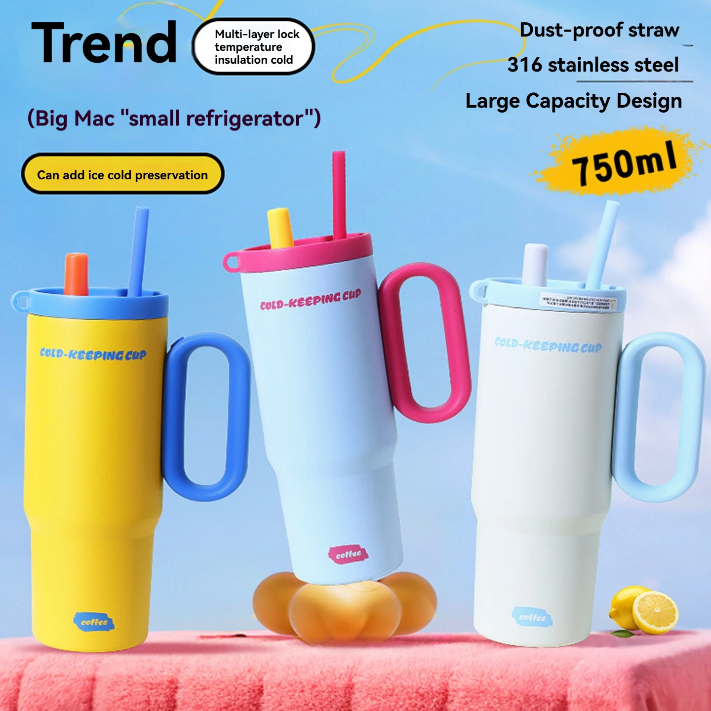 720ML Car Travel Outdoor Water Bottle Stainless Steel Thermos Cup with Straw & Handle Ice Coffee Drink Vacuum Insulated Cup