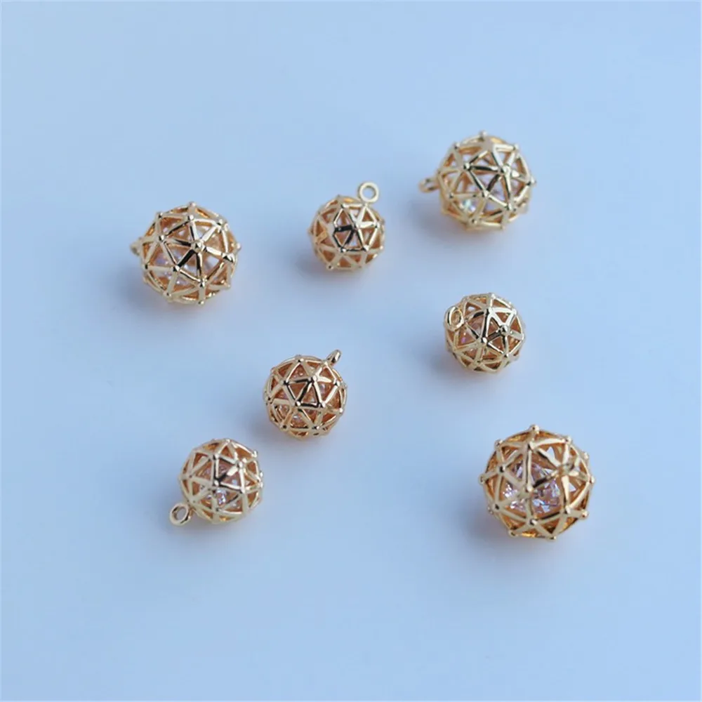 1pcs 14K Gold Package Hollow Ball Inside Zircon Pendant, Embroidery Ball, Hanging DIY Jewelry, Bracelet, Necklace, 8mm, 10mm