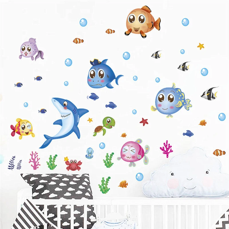 Cartoon Fishes With Bubbles Wall Stickers For Bathroom Baseboard Home Decoration Diy Animal Pvc Mural Art Kids Decal Poster