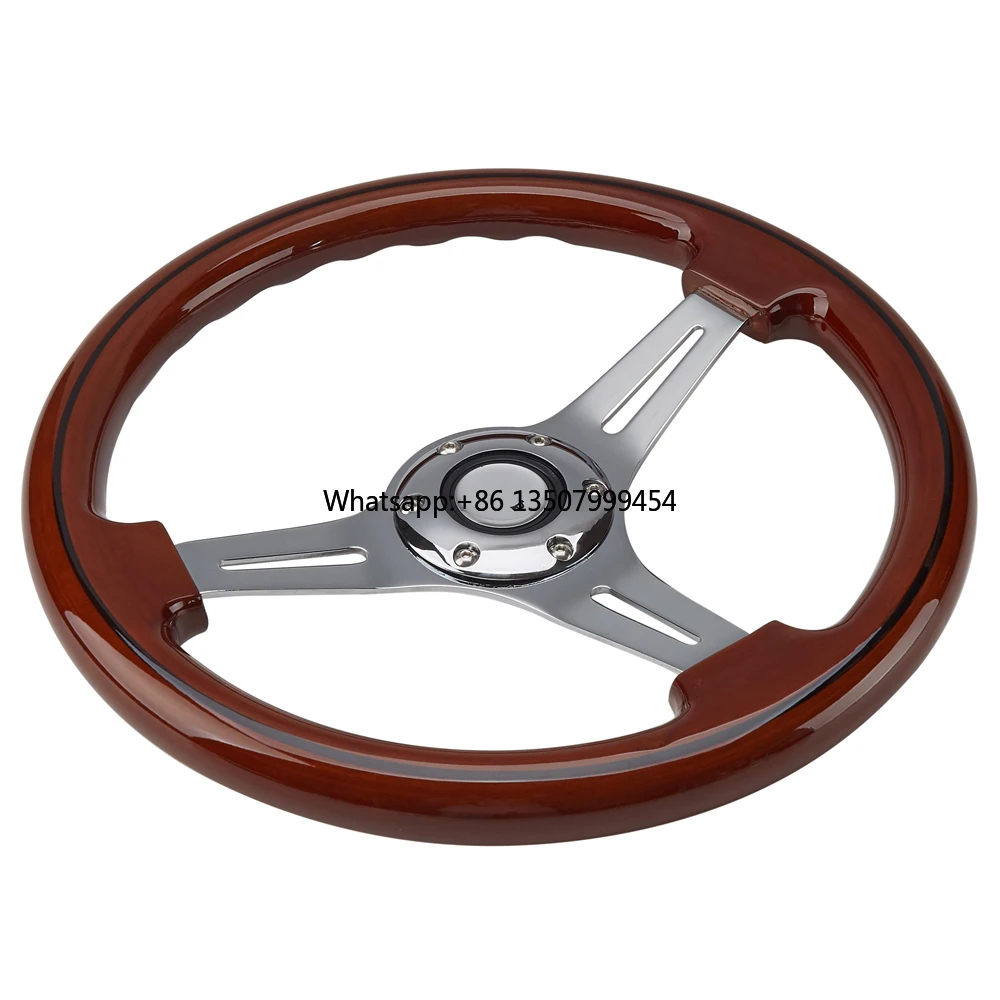 

14'' Wood Grain Black Trim Classic Wooden Chrome Spoke Steering Wheel 350mm New