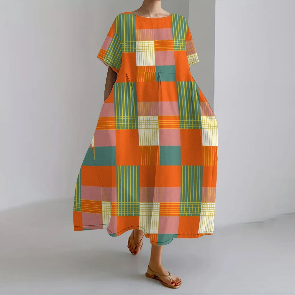 

Colorful Block Dress Playful Grid Skirt Modern Geometric Dresses With Bright Color Blocks Trendy Colorful Grid Pattern Wear