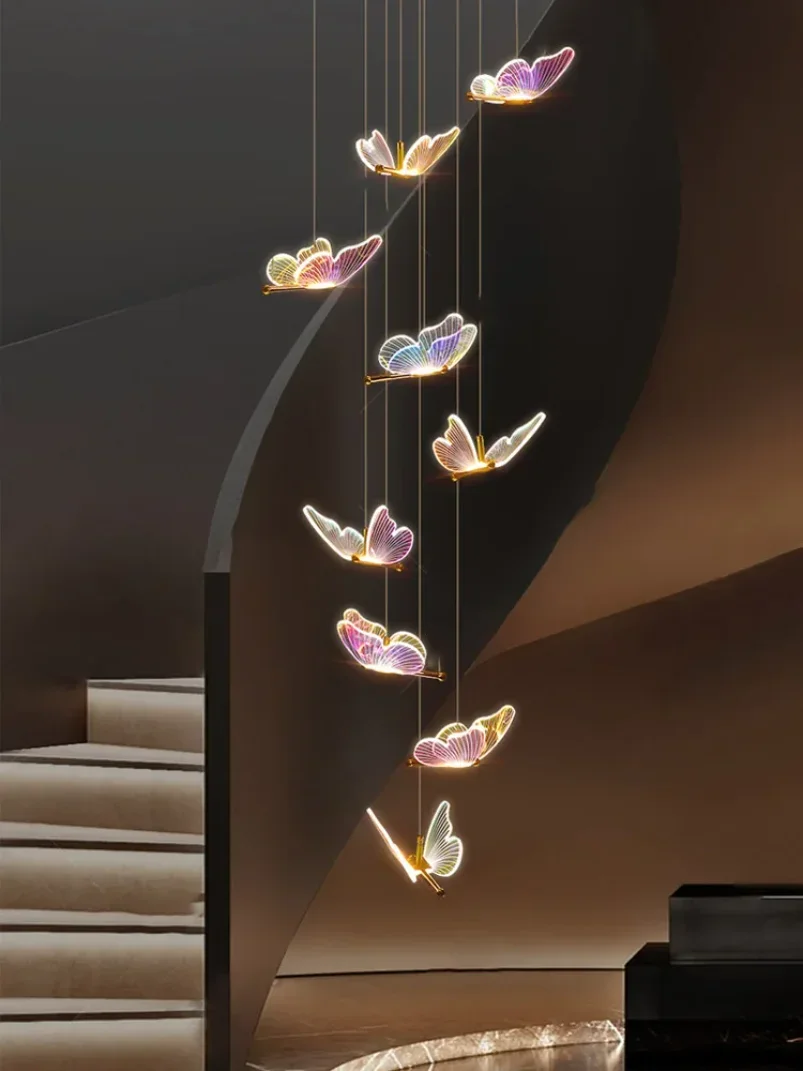 2024 Acrylic Butterfly Long Chandelier Spiral Turn Villa Duplex Staircase Chandelier Indoor Apartment Crystal Modern Chandelier