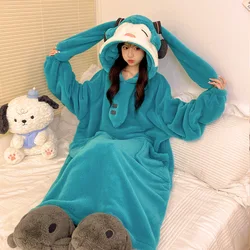 Kawaii Hatsune Miku Plush Sleepwear for Women In Winter, Thickened Coral Fleece, Cute Cartoon Nightgown, Hooded Home Outfit