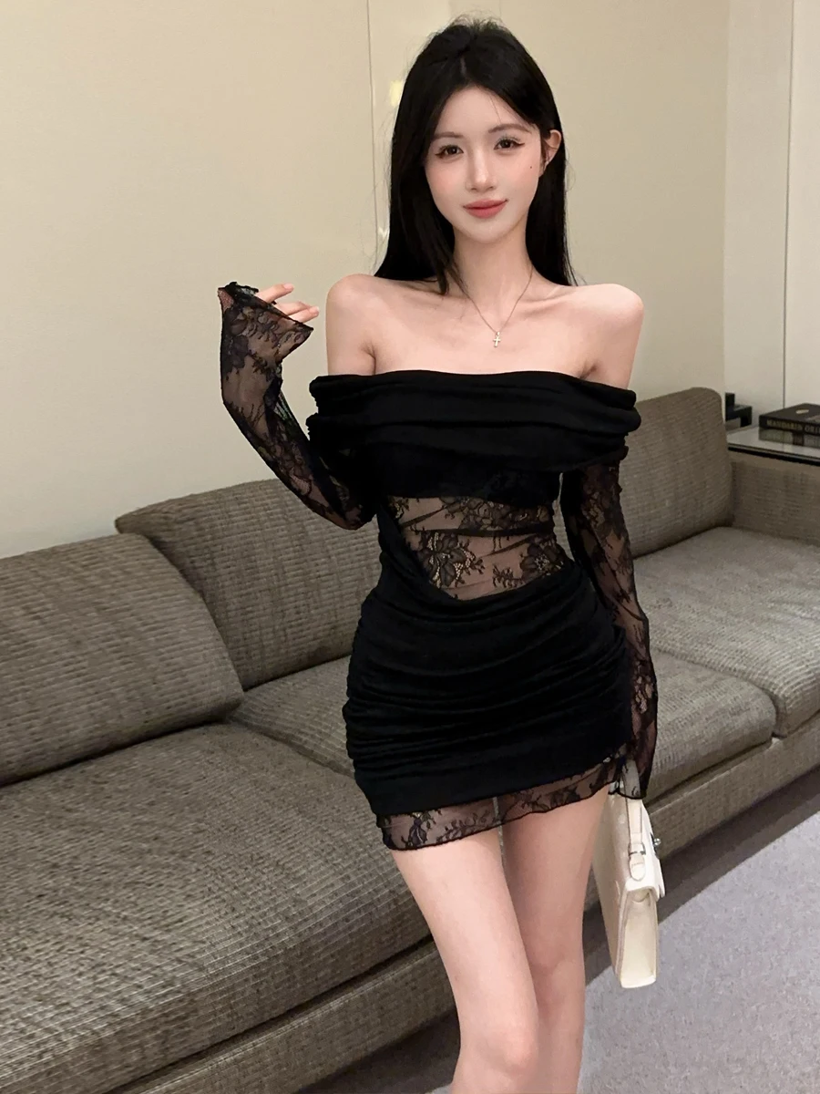 Sexy Lace Splice Hollow out Slimming Long Sleeve Dress Pure Desire One Shoulder High Waist Silky Soft Polyester Micro Stretch