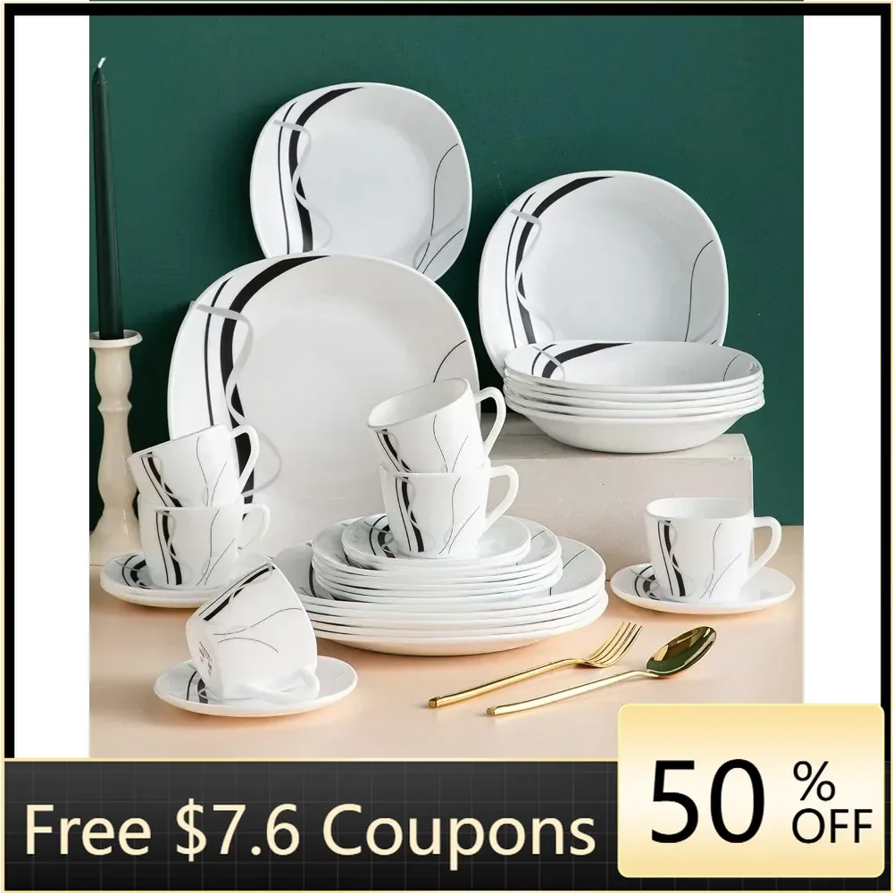 

30-Piece Dinnerware Set Ivory White Glassware Complete Tableware Dish Plates Dinner freight free