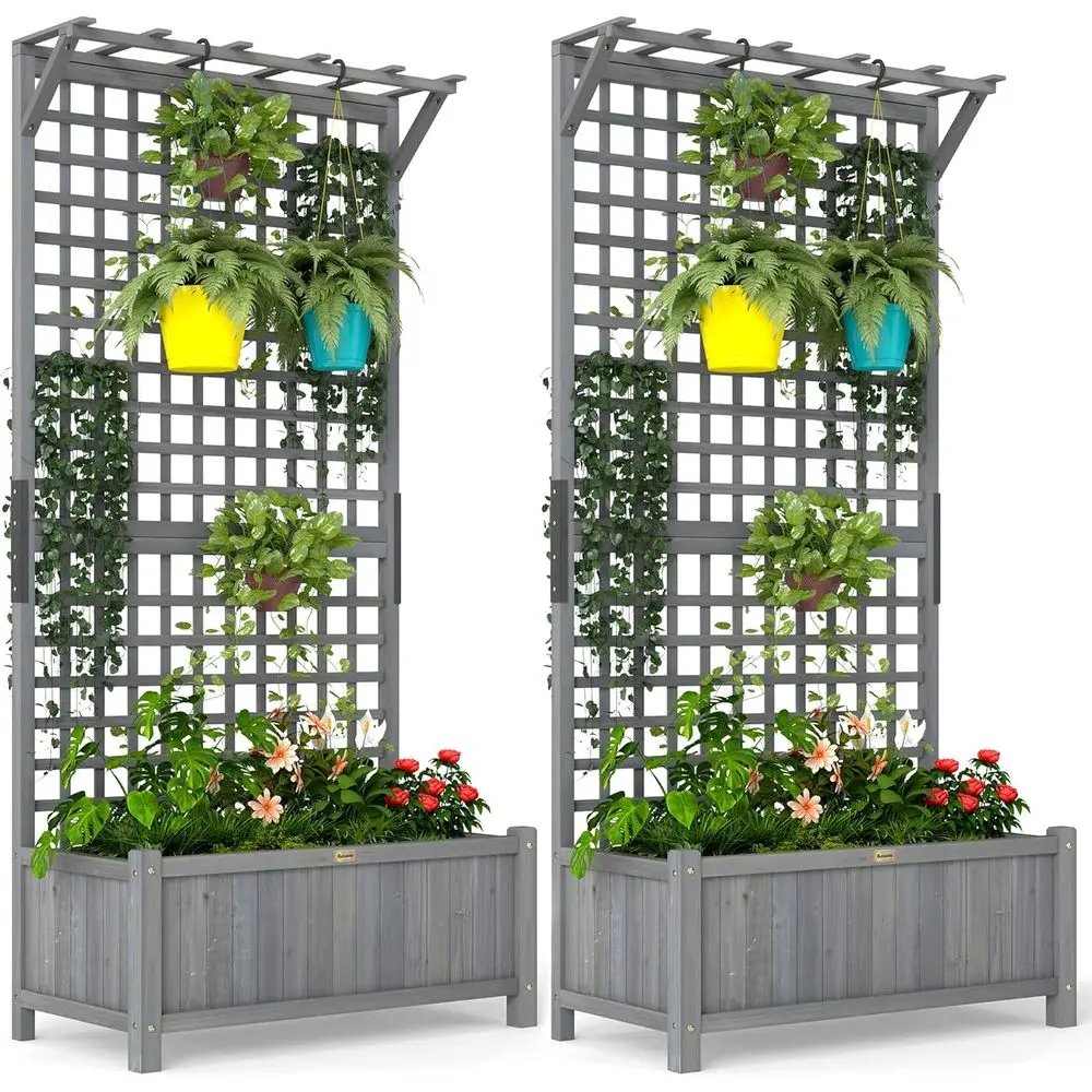 Gray Wooden Planter with Trellis, Raised Garden Bed, Climbing Plants, Drainage Holes, 35.5 x 17.75 x 72, Pack of 2