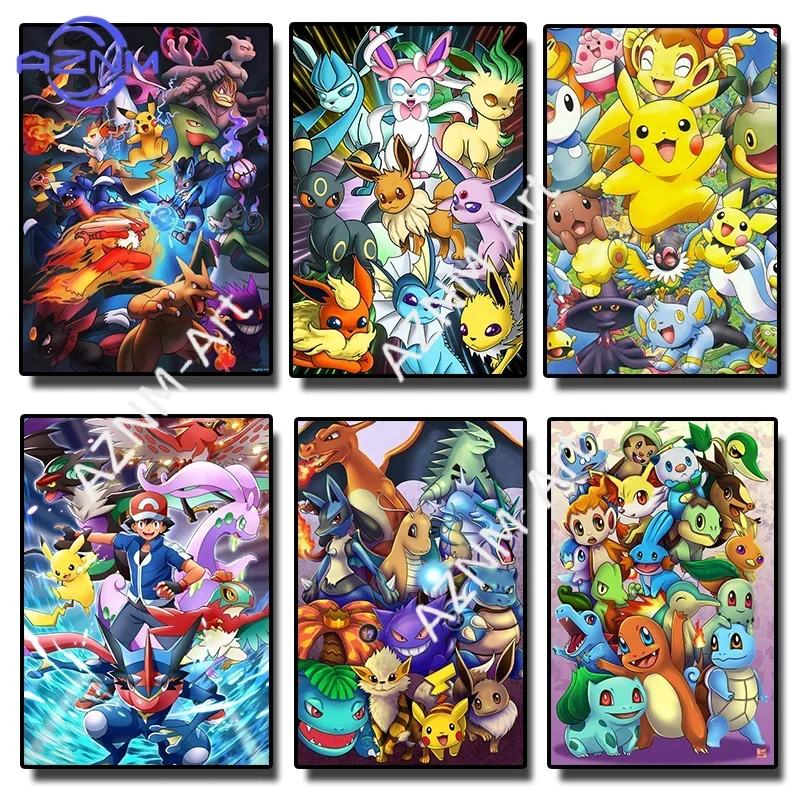 Japanese Anime Peripheral Vintage Pokemon Poster Gyarados Eevee Evolution Wall Art Canvas Painting Modern Room Decorate Picture
