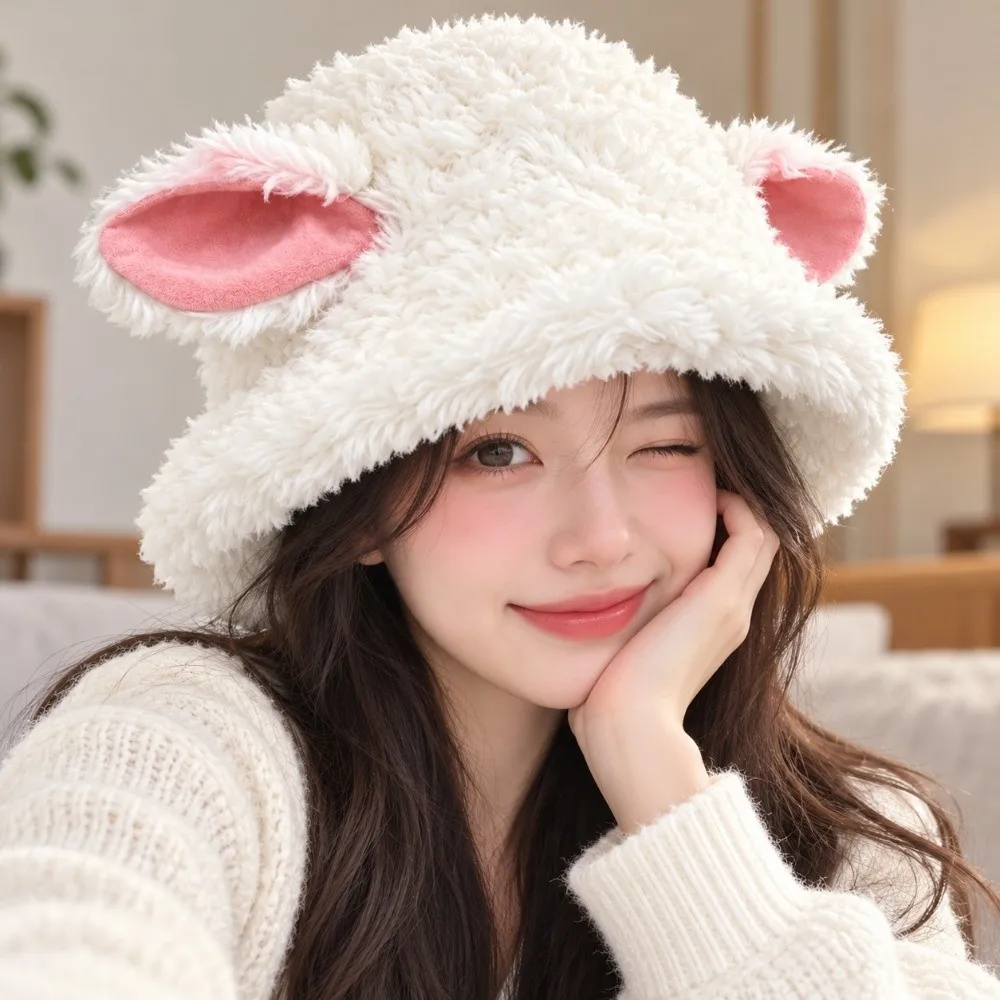 Trendy Bucket Hat Fuzzy Soft Sheep Fisherman Hat Fluffy Warm Lamb Ear Hat Cold Weather