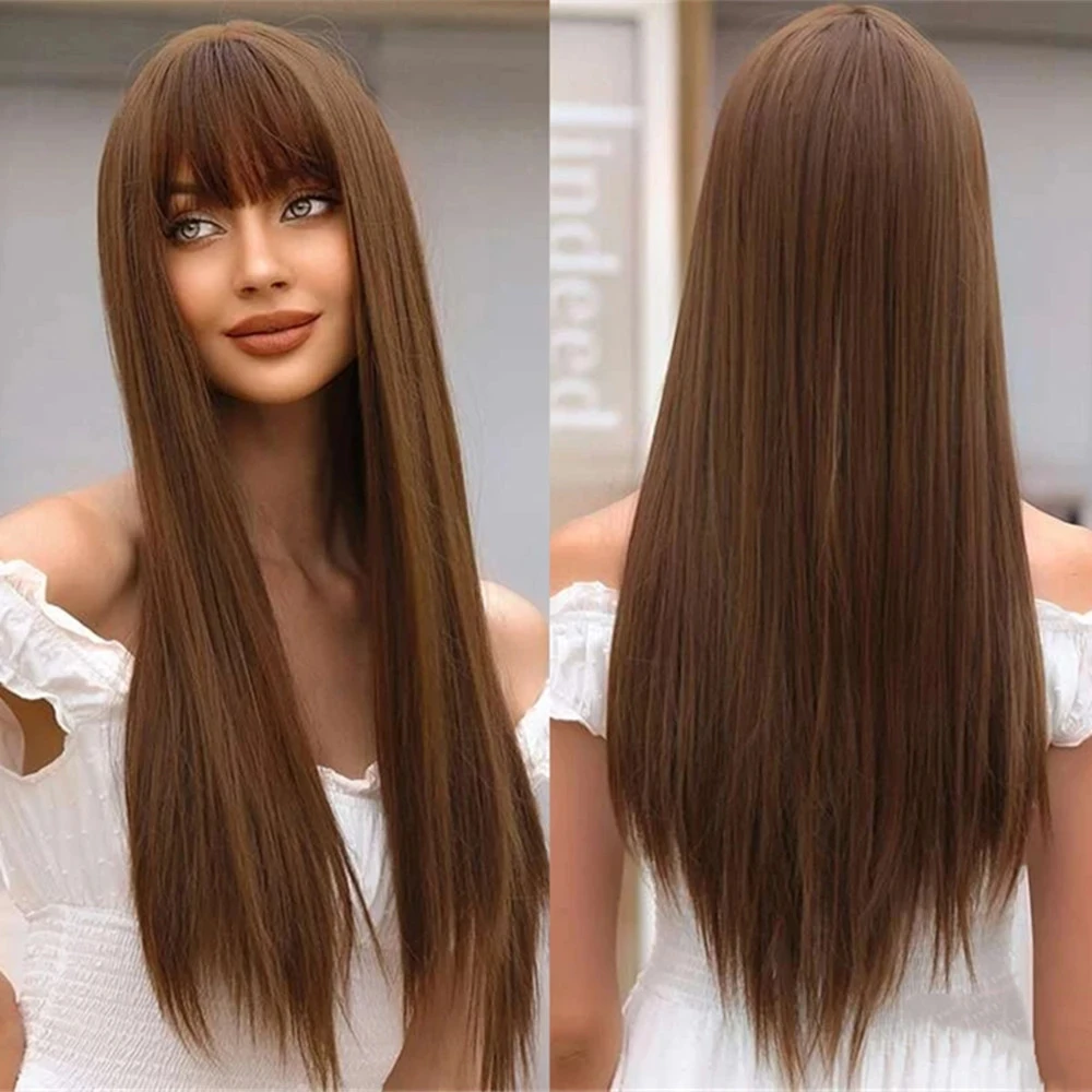 HENRY MARGU Long Synthetic Cold Brown Wigs with Bangs Light Coffee Straight Hair Wig Natural Daily Cosplay Heat Resistant Fiber