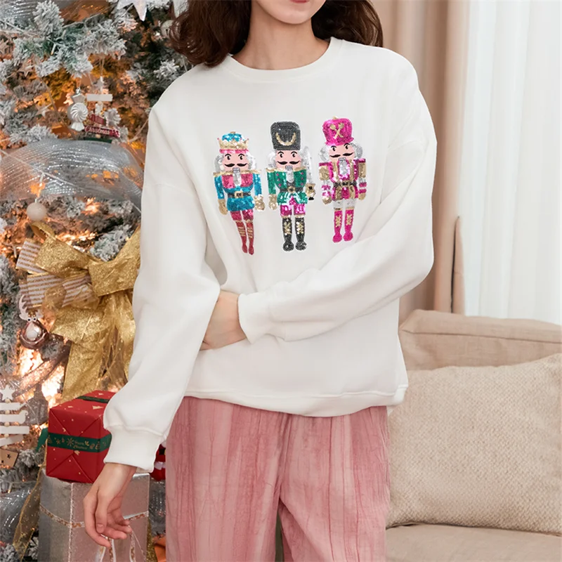 Women Y2k Nutcracker Sequin Christmas Sweatshirt Sparkly Cartoon Crew Neck Long Sleeve Pullover Tops Casual Streetwear