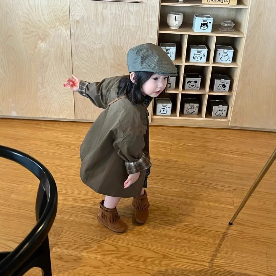 Girls Trench Coat 2025 New Autumn Clothing Children's Splicing Plaid Medium and Long Coat Baby British Style Clothes