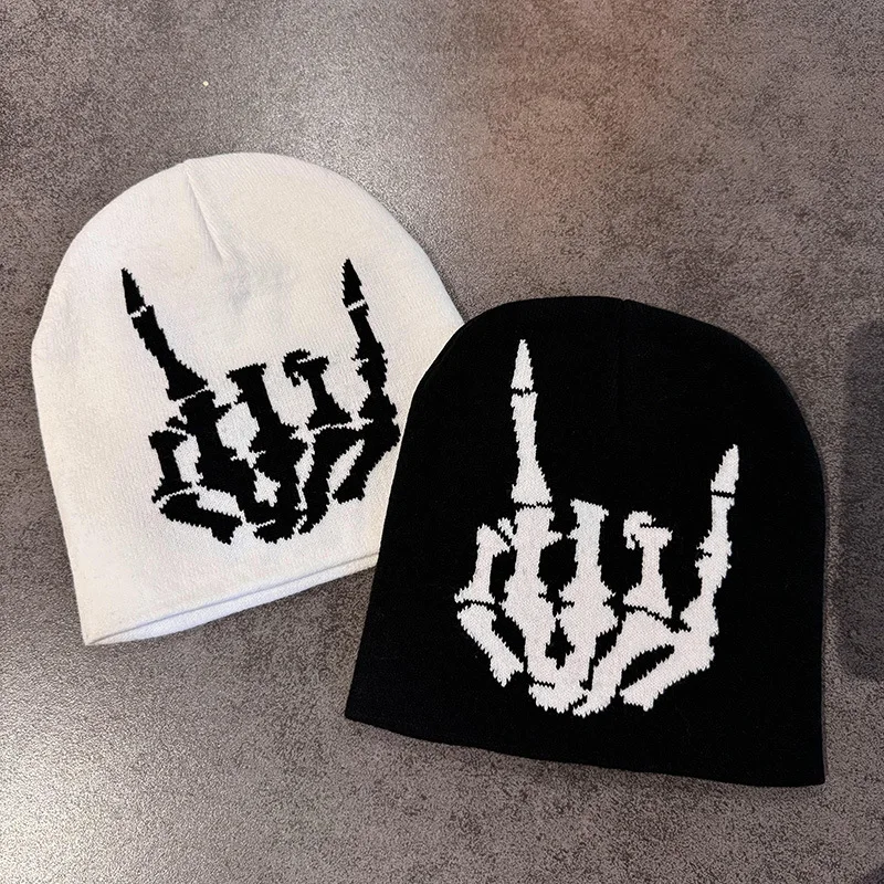Funny Finger Bones Jacquard Knit Hat Autumu Winter Keep Warm Beanie Women Men Skiing Cold Hat Cycling Skullcap Letter Y2K Hiphop