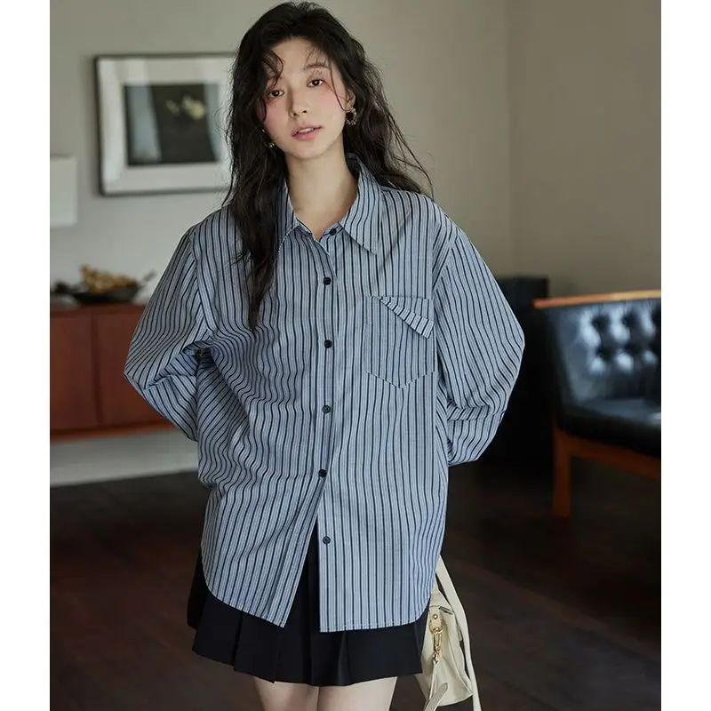 Thin and Petite Design Niche Striped French Long Sleeved Shirt Top Jacket for Women