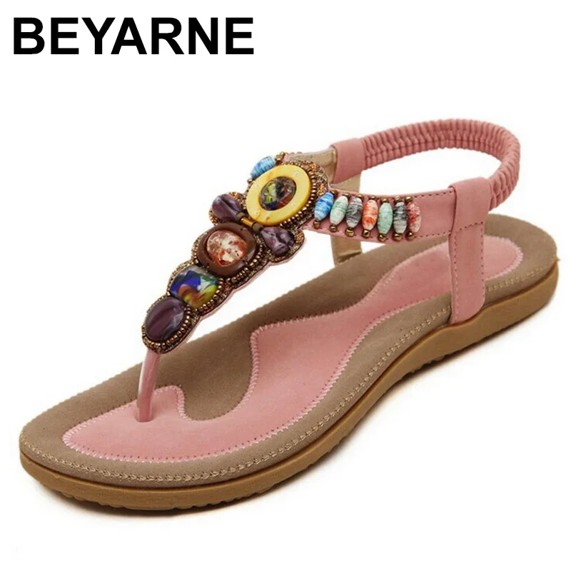 BEYARNE Bohemian Women Sandals Gemstone Beaded Slippers Summer Beach Sandals Women Flip Flops Ladies Flat Sandals Shoes