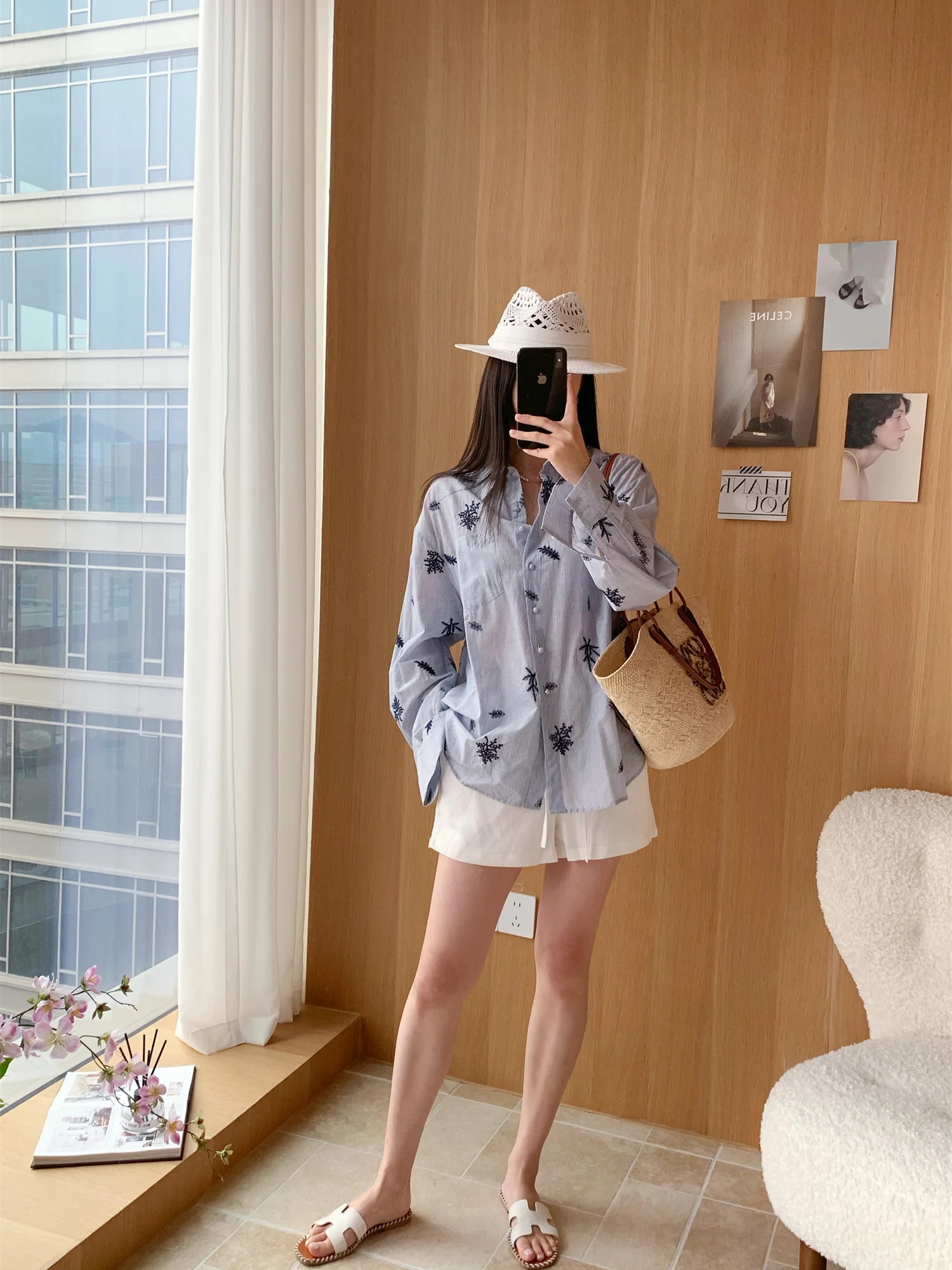 

Женская хлопковая рубашка с длинным рукавом, свободного кроя, с вышивкой растительных мотивов и полосками, дышащая, приятная для кожи