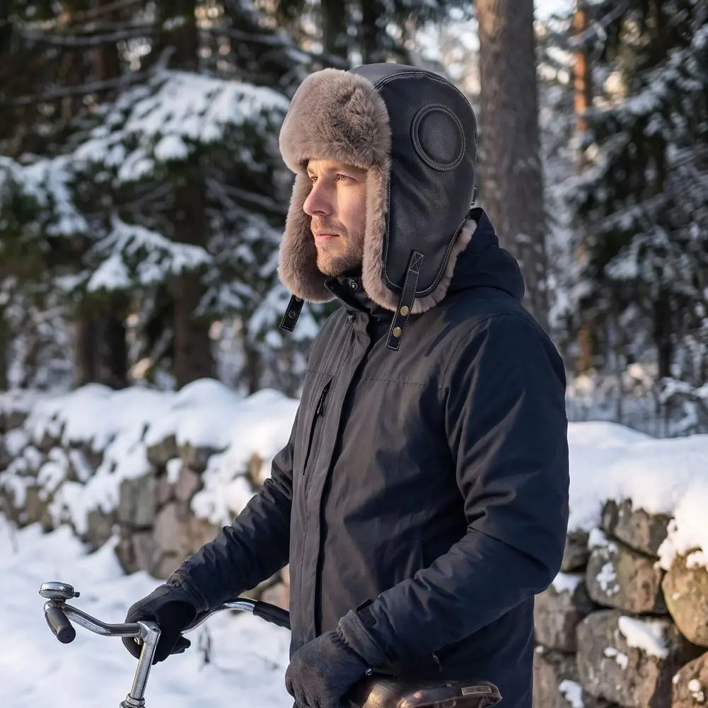 Leather Hat for Men Women Winter Trapper Hat with Ear Flaps Windproof Pu Leather Cap Thick Fleece Lined Fur Warmer for Men Women