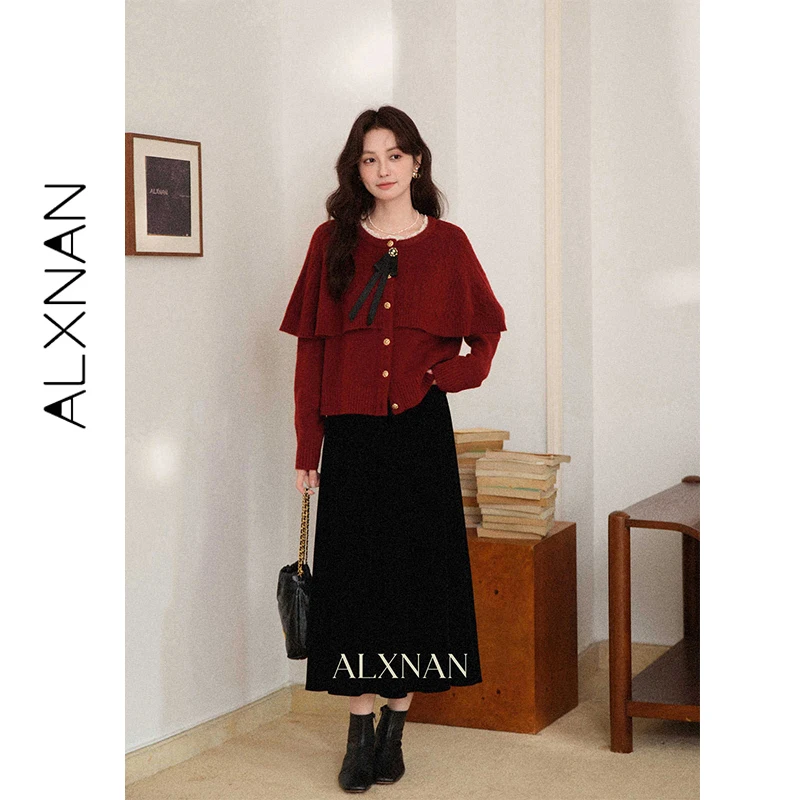 

Женский красный кардиган ALXNAN больших размеров, рождественское пончо, вязаный свитер, теплый, с металлическими пуговицами и бантом, с длинными рукавами, топы для женщин D59608